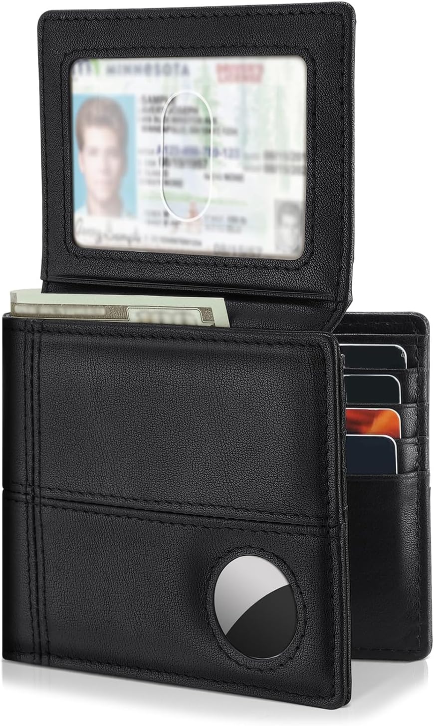 Mens Wallet With AirTag Holder, Bifold Leather RFID Blocking 1-2 ID Windows 12-13 Card Holders, Gift Box and Screen Protector Included, AirTag Not Included