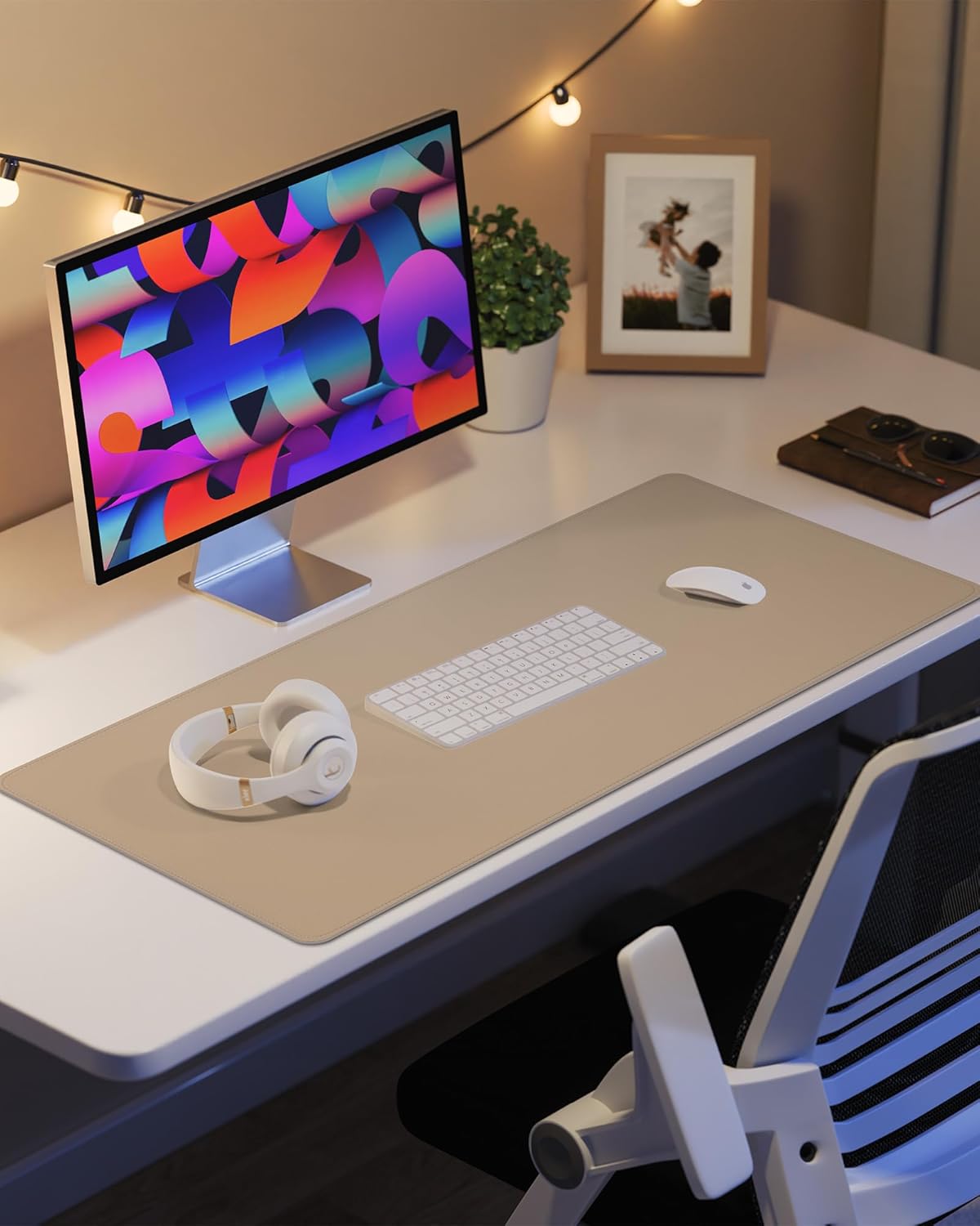 AFIING Desk Pad Protector 23.6" x 13.7" - Non-Slip Waterproof PU Leather Desk Mat for Mouse, Keyboard, Laptop, Office and Home Workspace (Beige)