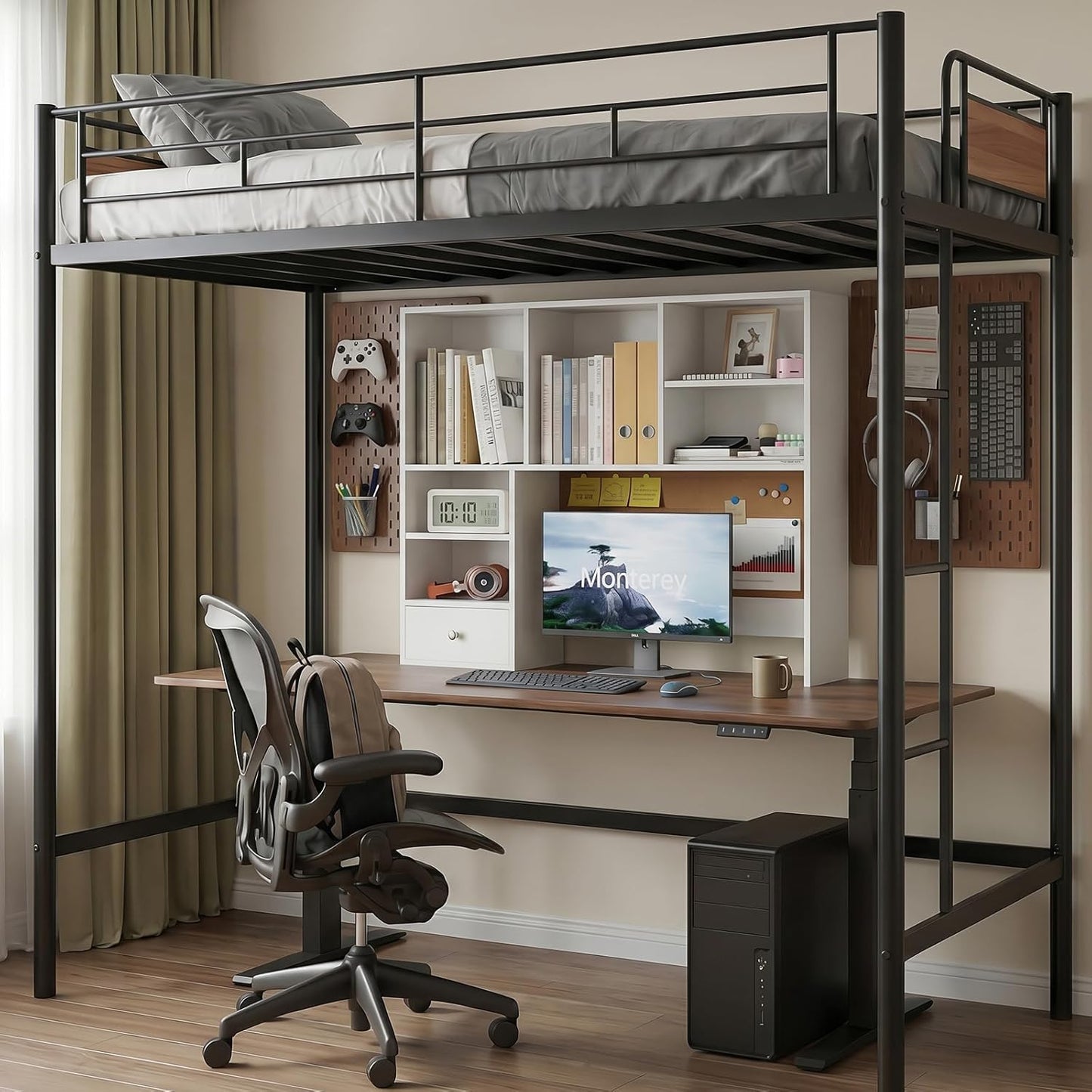 White Desk Hutch with Cork Board for Photos and Reminders, Dorm Desk Hutch with Drawers and Shelves, Desktop Bookshelf for College Dorm, Student Bedroom, Compact Study Spaces