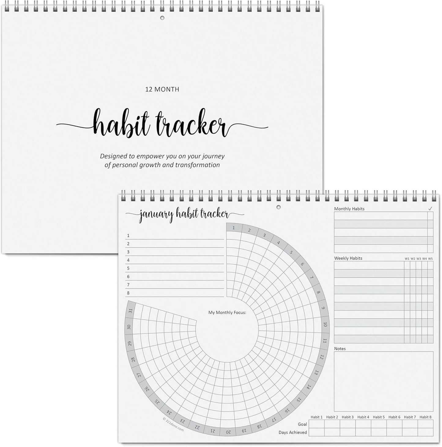 321Done Habit Tracker Calendar, Made in USA - 12 Months Wall Hanging Productivity Journal 8.5x11, Spiral Binding Undated Motivational Monthly Planner to Track Habits and Goals