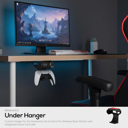 Under Desk Headphone Hanger Stand for Steelseries Arctis Nova Pro Wireless Headsets with Dock for the Wireless Base Station by Brainwavz (HPS02)