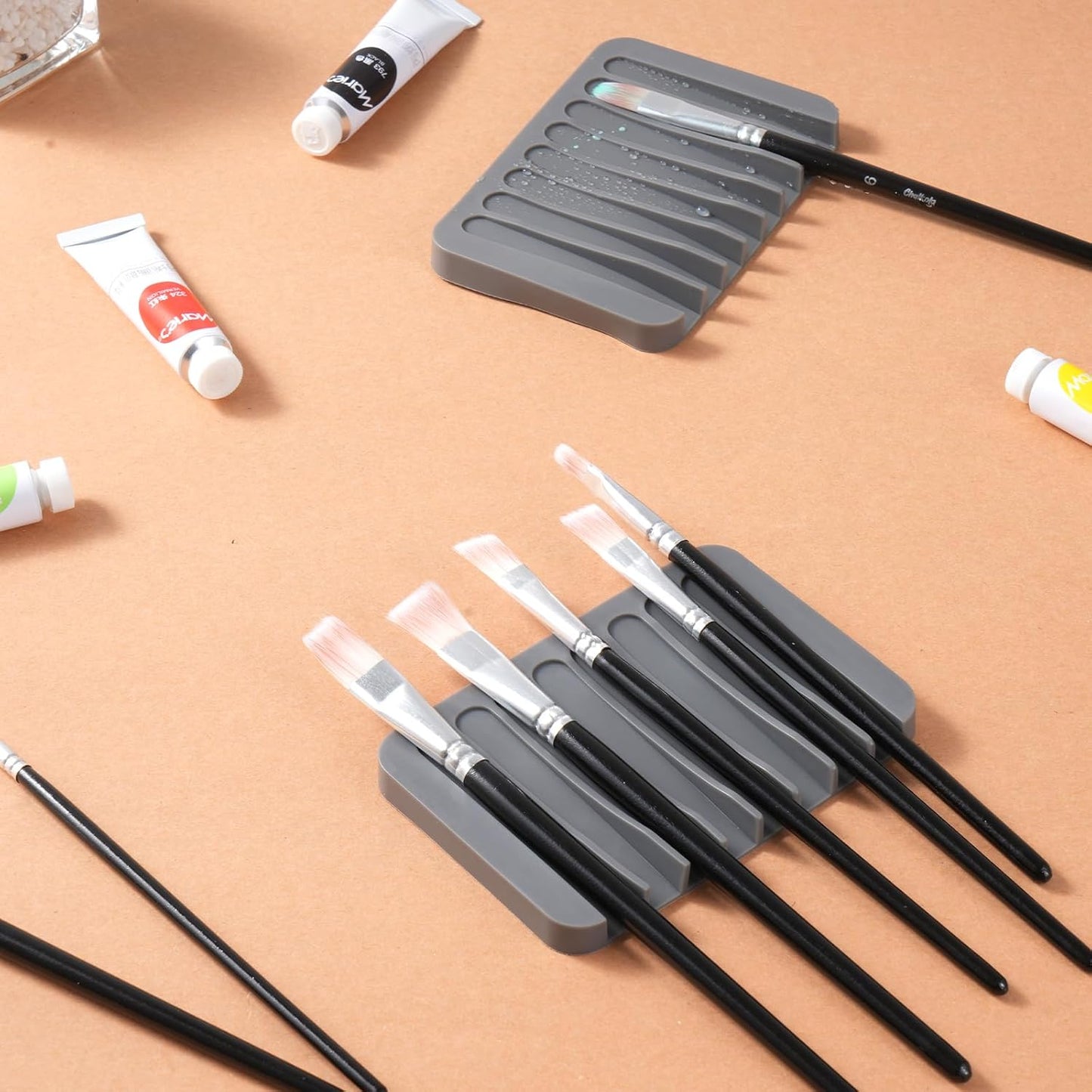 6 Pcs Paint Brush Holder with 8 Slots, Gray Washable Silicone Brush Rinse Cleaner, Paintbrush Organizer Tray for Artist, Hobby & Classroom, Compact Desk Display Stand Storage for Paintbrushes