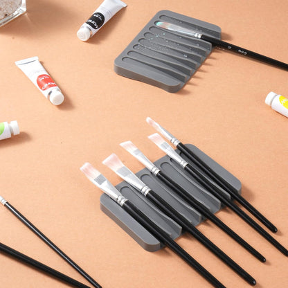 6 Pcs Paint Brush Holder with 8 Slots, Gray Washable Silicone Brush Rinse Cleaner, Paintbrush Organizer Tray for Artist, Hobby & Classroom, Compact Desk Display Stand Storage for Paintbrushes