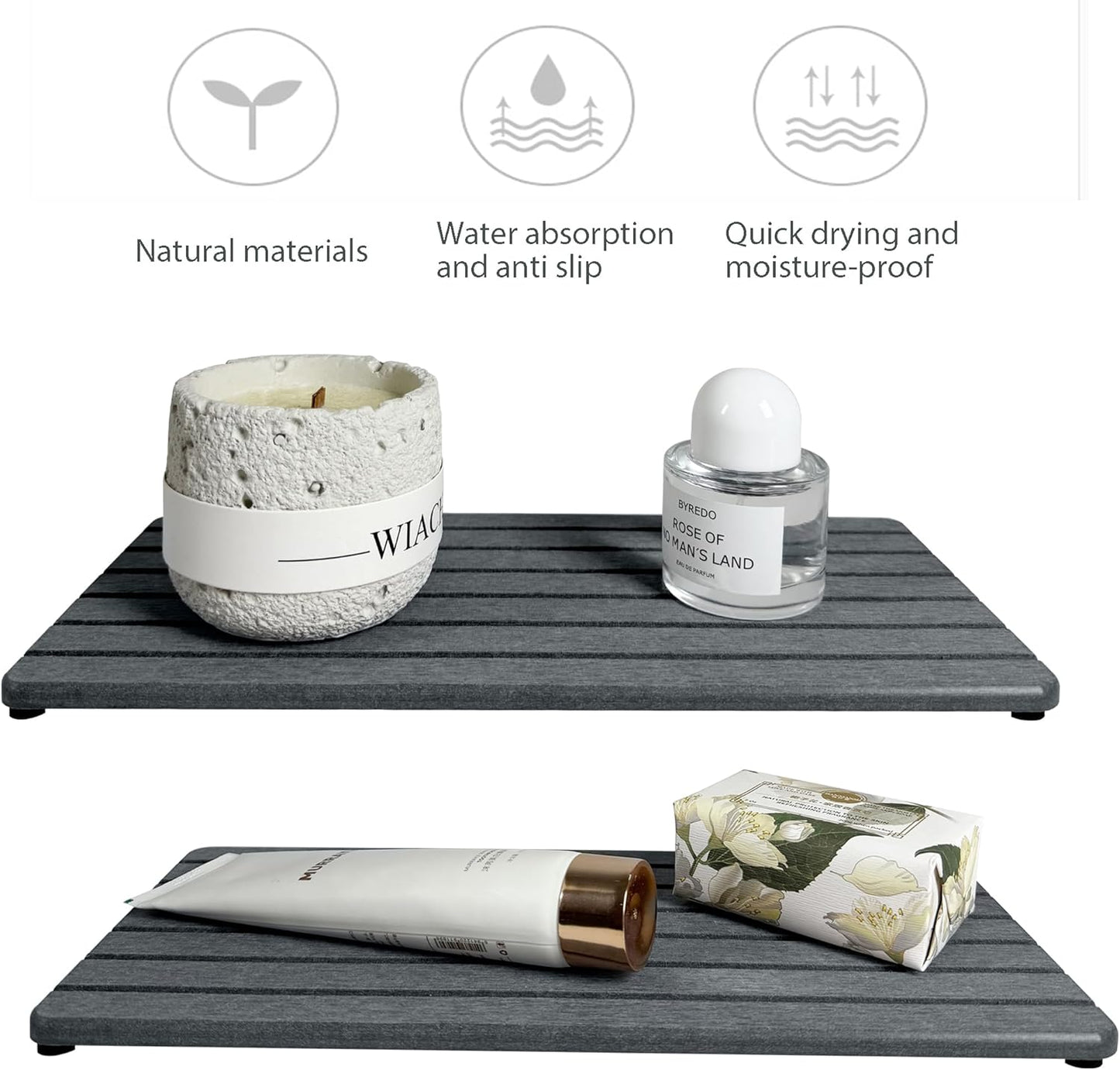 NiuYichee 2 PCS Water Absorbent diatomite Coasters, 8.3" x 4" Water Absorbing Stone Tray for Sink, Stone Drying mat for Kitchen Counter, Stone soap Tray Used for Hand Soaps & toiletries & Plants