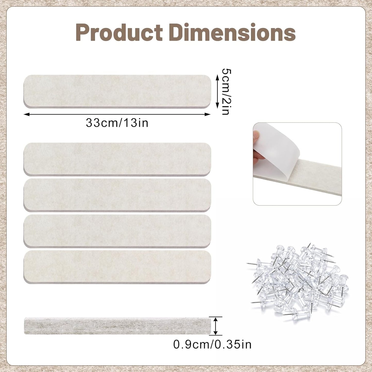 Thboxes 5 Pack Felt Bulletin Board Strips, 13x2 Inch Self Adhesive Felt Pin Boards with 30 Pushpins, Cork Board for Walls Home Office Decor(Black)