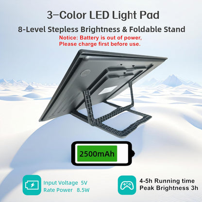 A3 Wireless Rechargeable Tracing Light Pad, 3-Colors & 8-Level Adjustable Brightness, 2500mAh Battery Powered Ultra-Thin Light Board with Foldable Stand for Diamond Art Painting