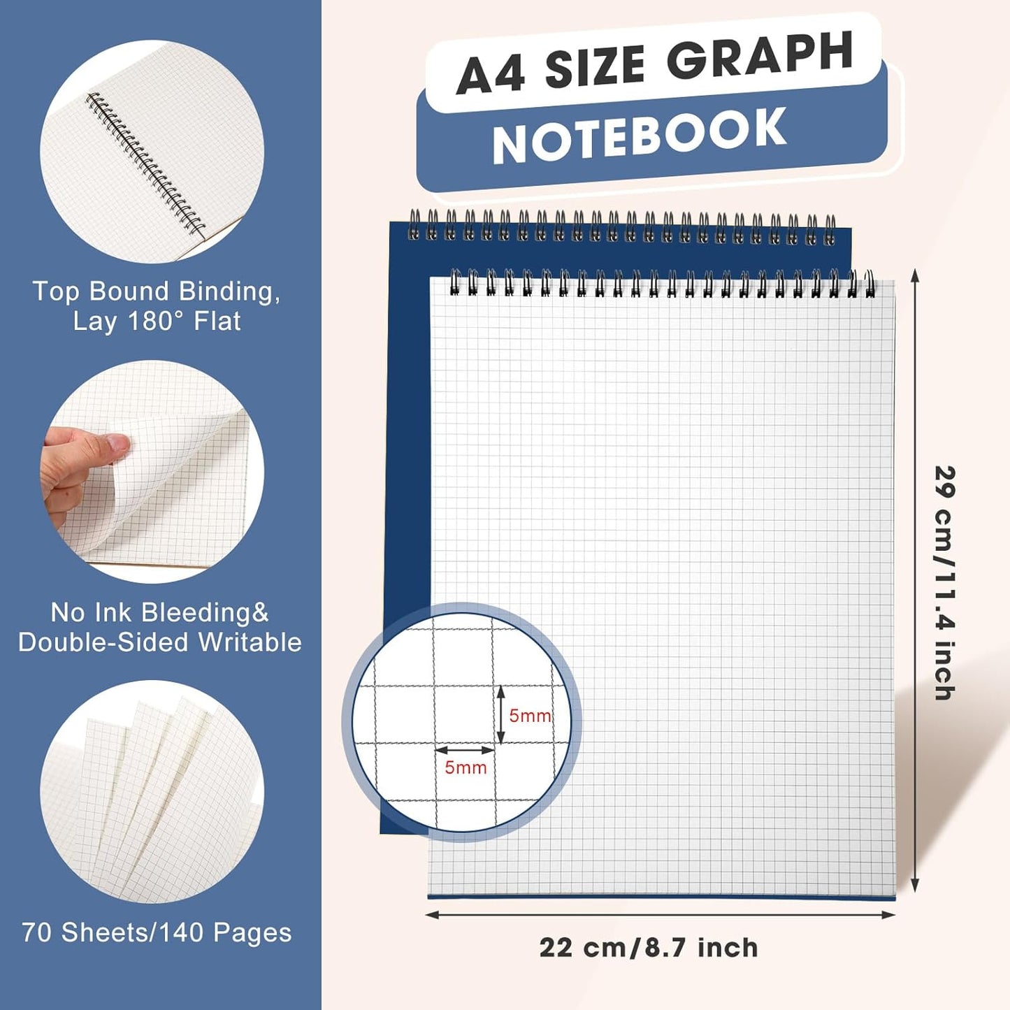 Engrowtic Top Spiral Graph Paper Notebooks 8.7 X11.4 Inch A4 Grid Paper Notepad 70 Sheet Memo Steno Pad for Engineering Writing Sketching Drawing School Office Supplies (1 Pack,Black)