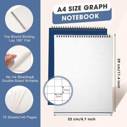 Engrowtic Top Spiral Graph Paper Notebooks 8.7 X11.4 Inch A4 Grid Paper Notepad 70 Sheet Memo Steno Pad for Engineering Writing Sketching Drawing School Office Supplies (1 Pack,Black)