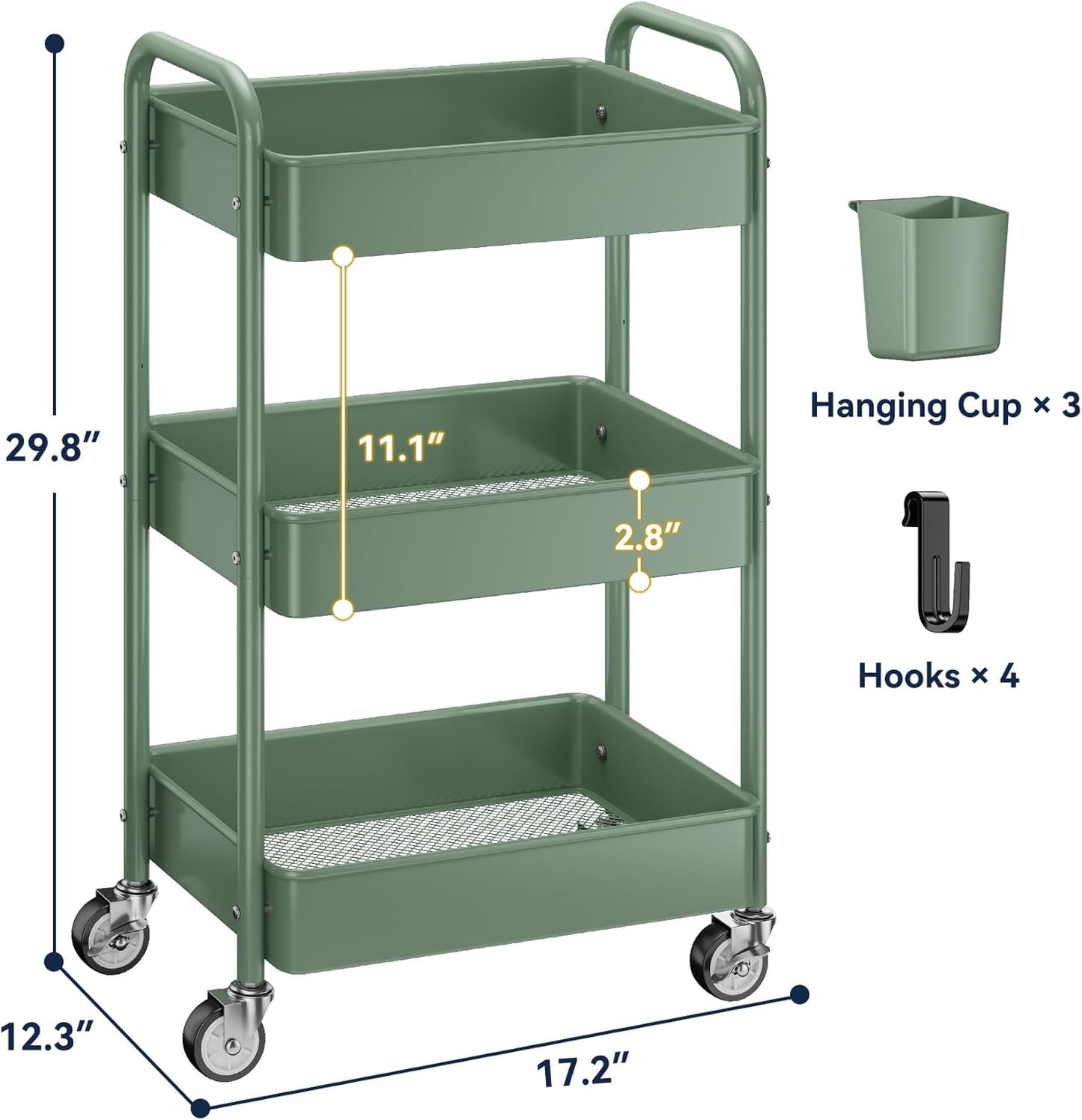 YASONIC 3 Tier Rolling Cart - Metal Utility Cart with Wheels, Hanging Cups, Hooks, Heavy Duty Mesh Rolling Storage Cart Organizer, Craft Cart for Kitchen Office, Lightweight and Sturdy