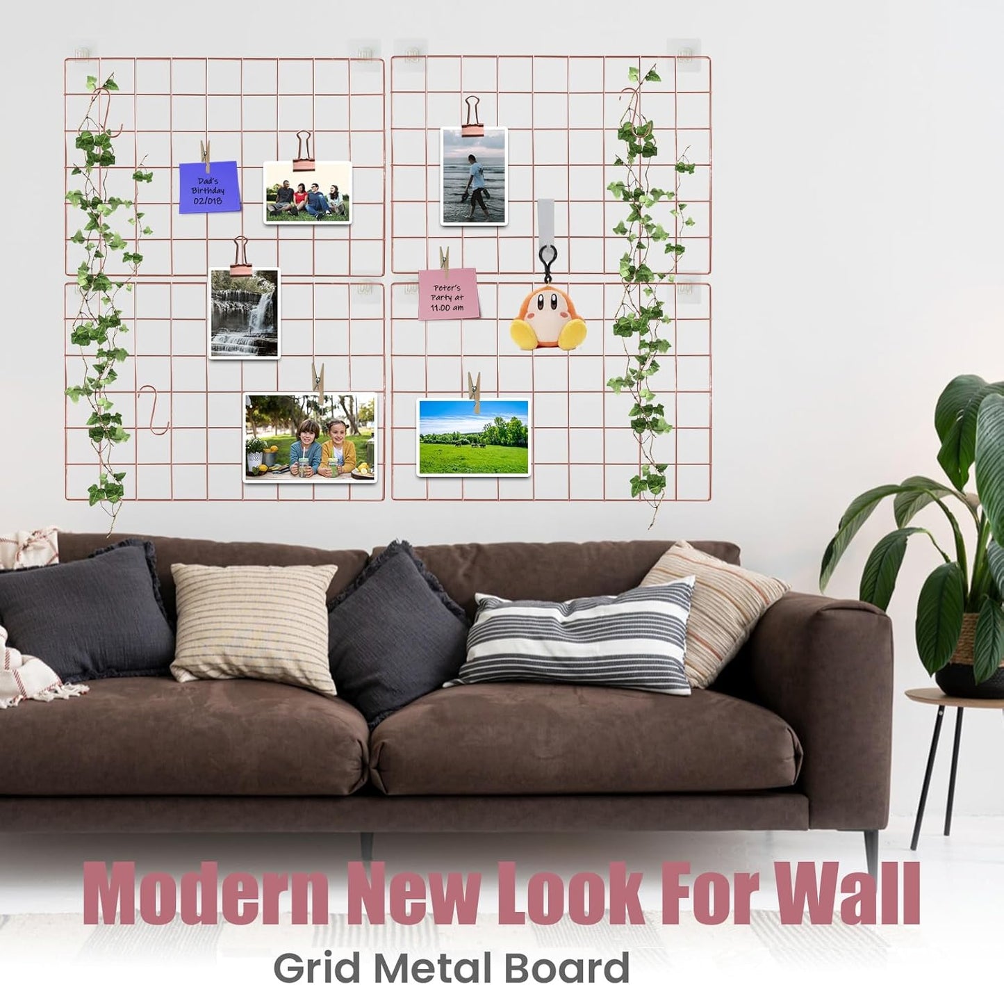 CIKLCIX Metal Grid Wall Panel, Wire Grid Photo Display Organizer, 17.3"×11.8" Gold Wire Board Grid Wall, Grid Picture Frame, 2-Pack Wire Mesh Memo Board With Clips and Hooks