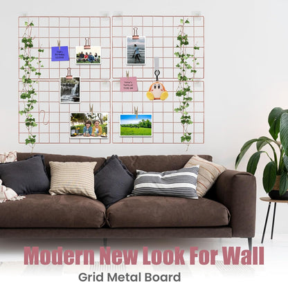 CIKLCIX Metal Grid Wall Panel, Wire Grid Photo Display Organizer, 17.3"×11.8" Gold Wire Board Grid Wall, Grid Picture Frame, 2-Pack Wire Mesh Memo Board With Clips and Hooks