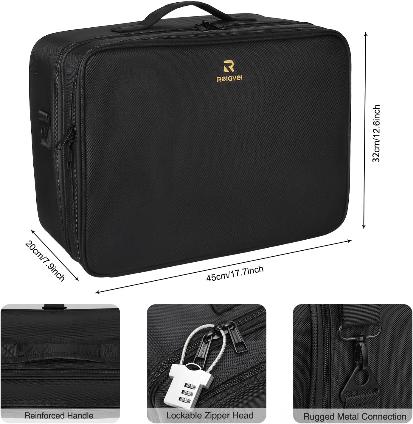 Relavel Makeup Case Large Makeup Bag Professional Train Case 16.5 inches Travel Cosmetic Organizer Brush Holder Waterproof Makeup Artist Storage Box, 3 Layer Large Capacity, with Adjustable Strap