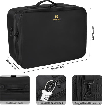 Relavel Makeup Case Large Makeup Bag Professional Train Case 16.5 inches Travel Cosmetic Organizer Brush Holder Waterproof Makeup Artist Storage Box, 3 Layer Large Capacity, with Adjustable Strap