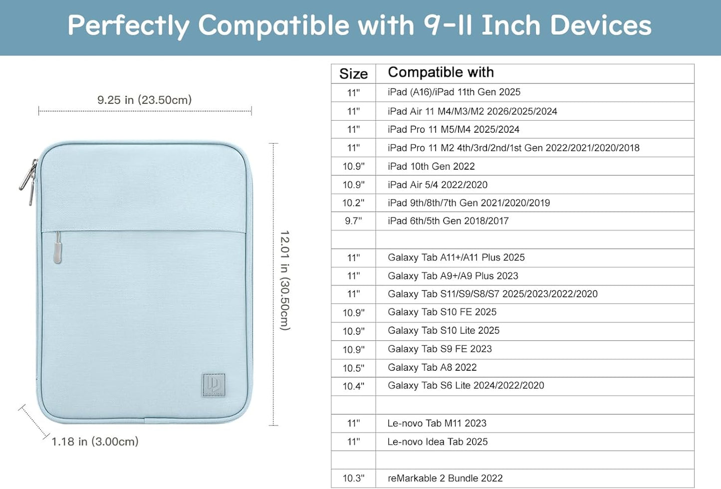 Dadanism 9-11 Inch Tablet Sleeve Padded Carrying Case for iPad (A16) 11th Gen 11", iPad 10th Gen 10.9", iPad Air M4/Pro M5 11", iPad Air 5/4, iPad 9/8/7th Gen, Galaxy Tab A11+ Plus 11", Blue
