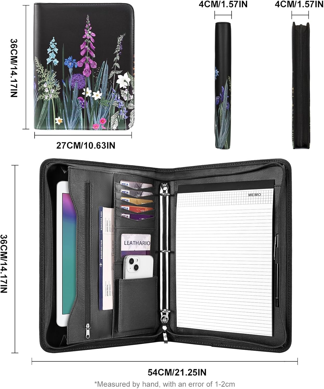 Leathario Portfolio Binder, Includes 10 Sheet Protectors and 3 Notepads, 3-Ring Folder Organizer, A4 Padfolio with Zipper, Vegan Leather Tablet Sleeve, Business Office Conference Clipboards