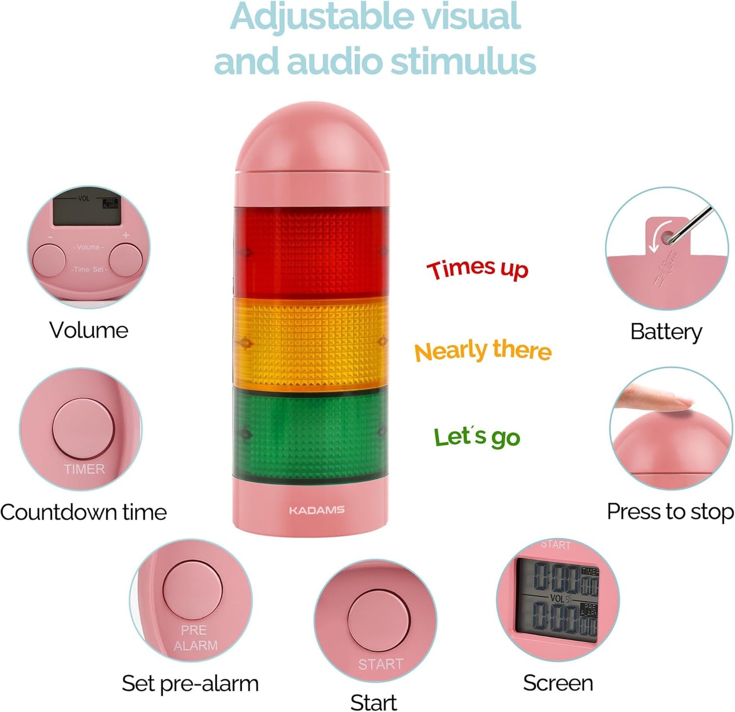 KADAMS Visual Timer for Kids with Audio Pre-Alarm - Traffic Light Alarm for Kids Toddler Teachers Classroom Home Time Management Tool 24hr Countdown Pause Memory Function