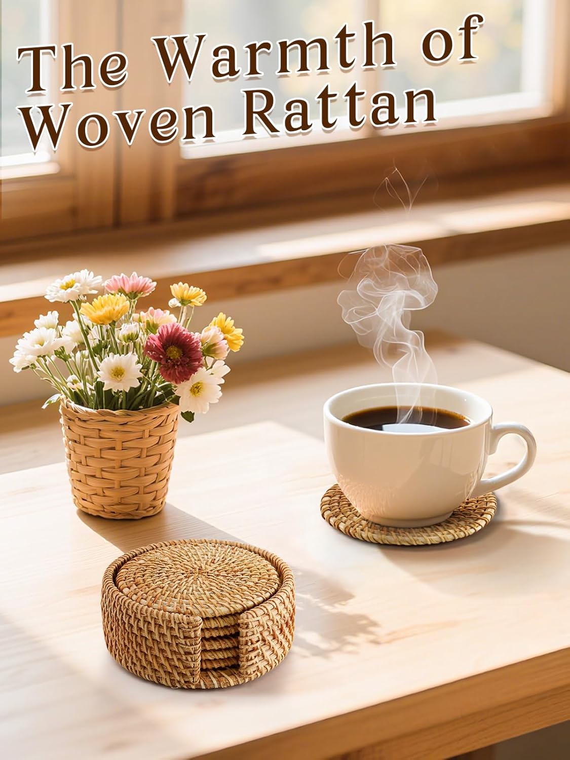 6pcs Natural Handmade Rattan Coasters with Holder - Wicker Drink Coasters Set, Housewarming Gifts Boho Summer Home Coastal Decor