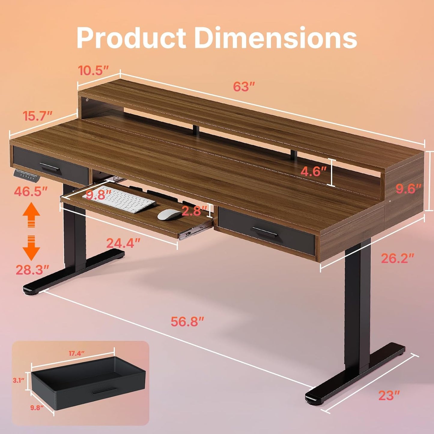 HUANUO 55″ x 26″ Electric Standing Desk with 2 Drawers &24.4″ Large Keyboard Tray, C-Clamp Mount Compatible, Adjustable Computer Desk for Office, Sit Stand Up Desk with 4 Height Presets, Light Walnut