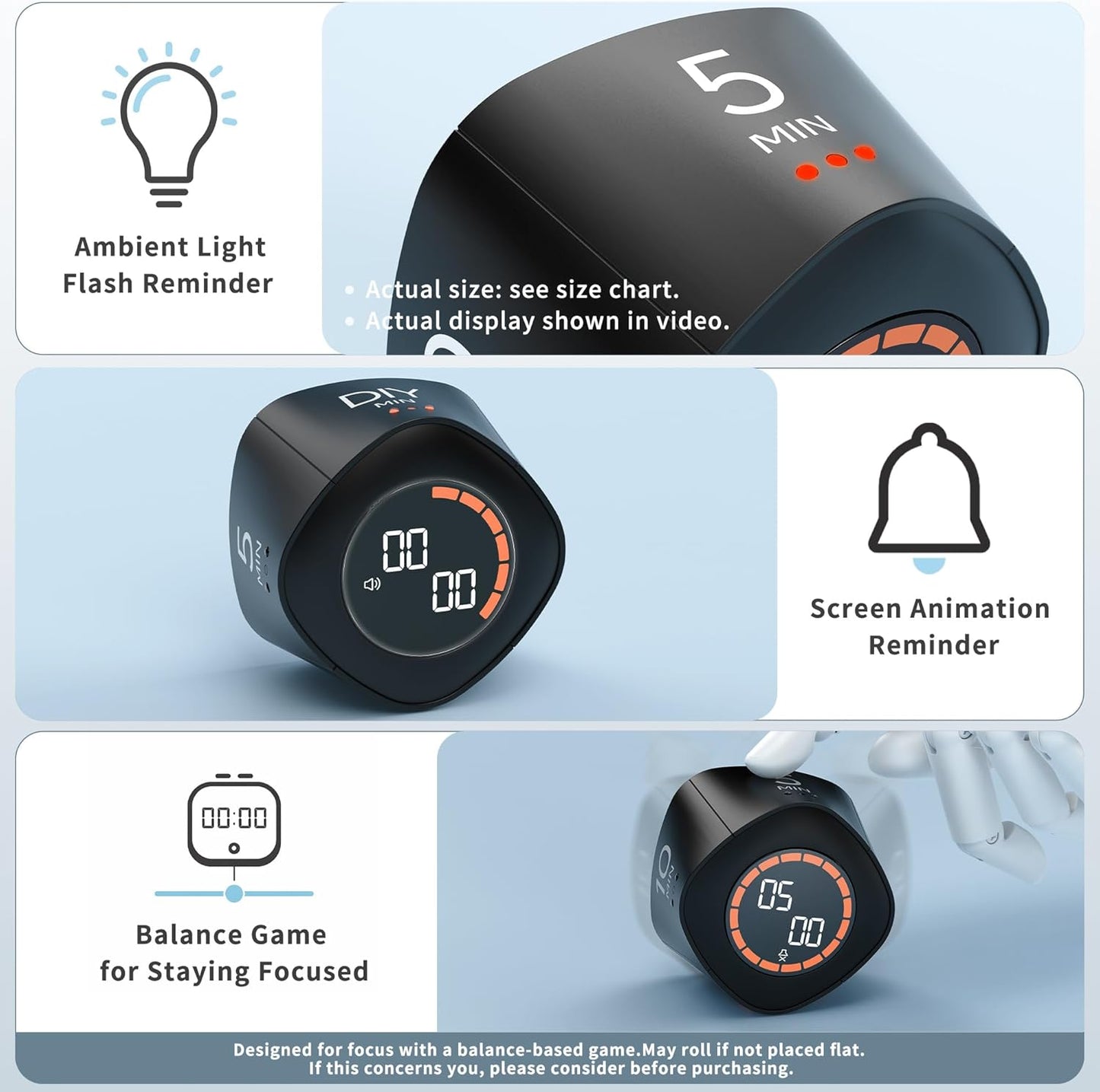 VEWINGL Cube Productivity Timer, 5/10/30/60 Min Presets + Custom Countdown, Silent/Vibrate/Sound Alarm, Pause & Resume, Desk Timer for Work, Study, Tasks, Kitchen