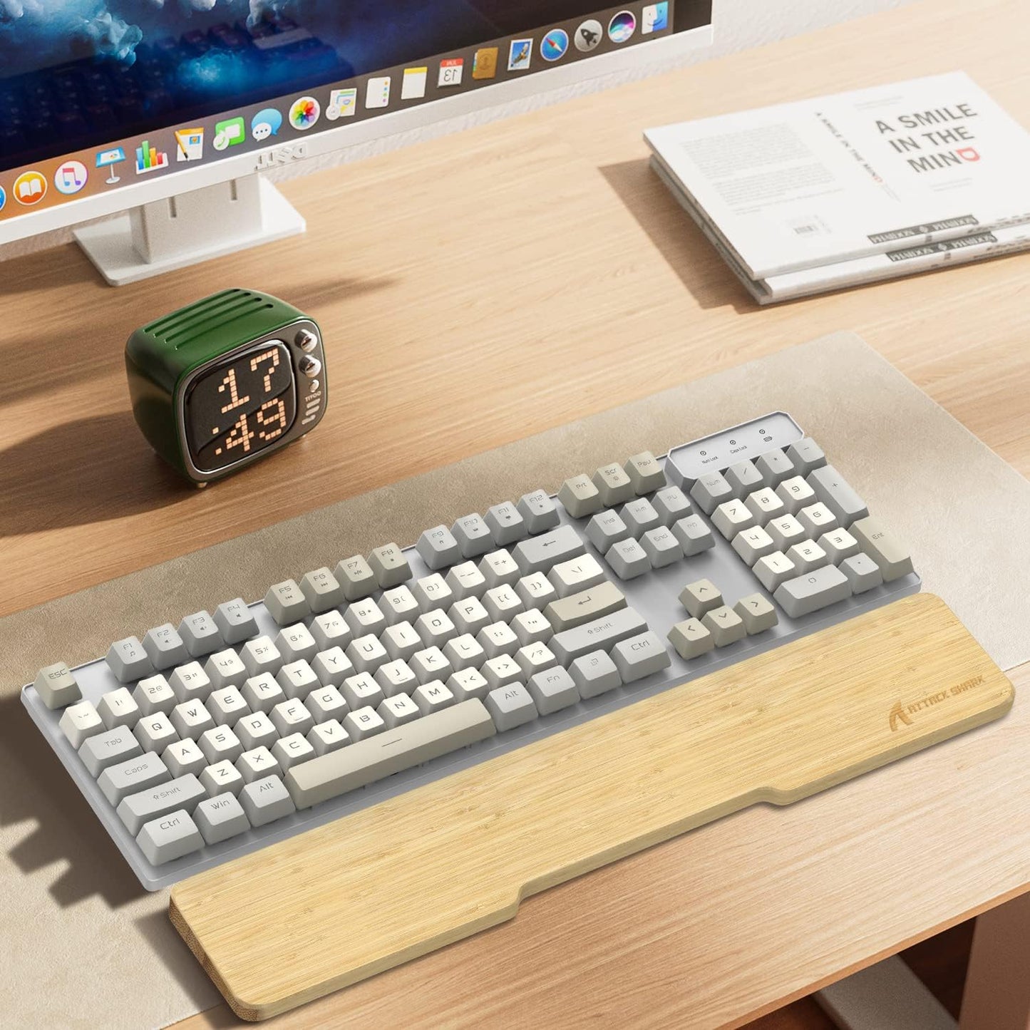 ATTACK SHARK Bamboo Wrist Rest for Computer Keyboard，Ergonomic Hard Palm Rest for Comfortable Typing Pain Relief，Anti-Slip Wrist Support for Office, Gaming, Laptop (98 Key)