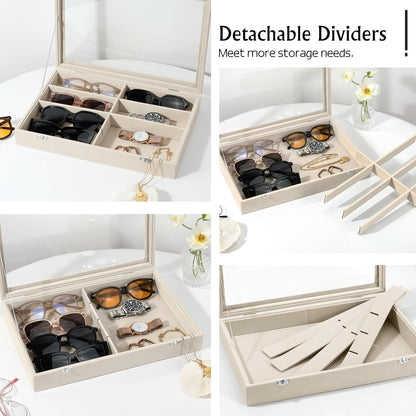 Emibele Glasses Organizer Jewelry Tray, 8 Grids with Clear Lid Velvet Tray Watch Storage Stackable Jewelry Showcase Display Storage with Detachable Inner Dividers, Beige