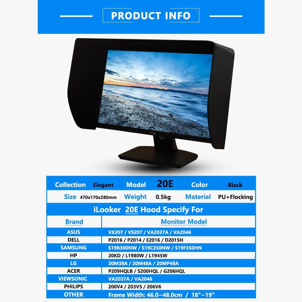 20E 19~20 inch LCD LED Video Monitor Hood Sunshade Sunhood for Dell HP Viewsonic Philips Samsung LG EIZO NEC ASUS ACER BENQ AOC Lenovo, Fits Monitor Frame Width 455-480mm