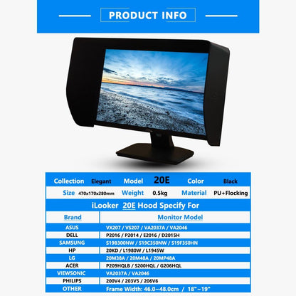 20E 19~20 inch LCD LED Video Monitor Hood Sunshade Sunhood for Dell HP Viewsonic Philips Samsung LG EIZO NEC ASUS ACER BENQ AOC Lenovo, Fits Monitor Frame Width 455-480mm