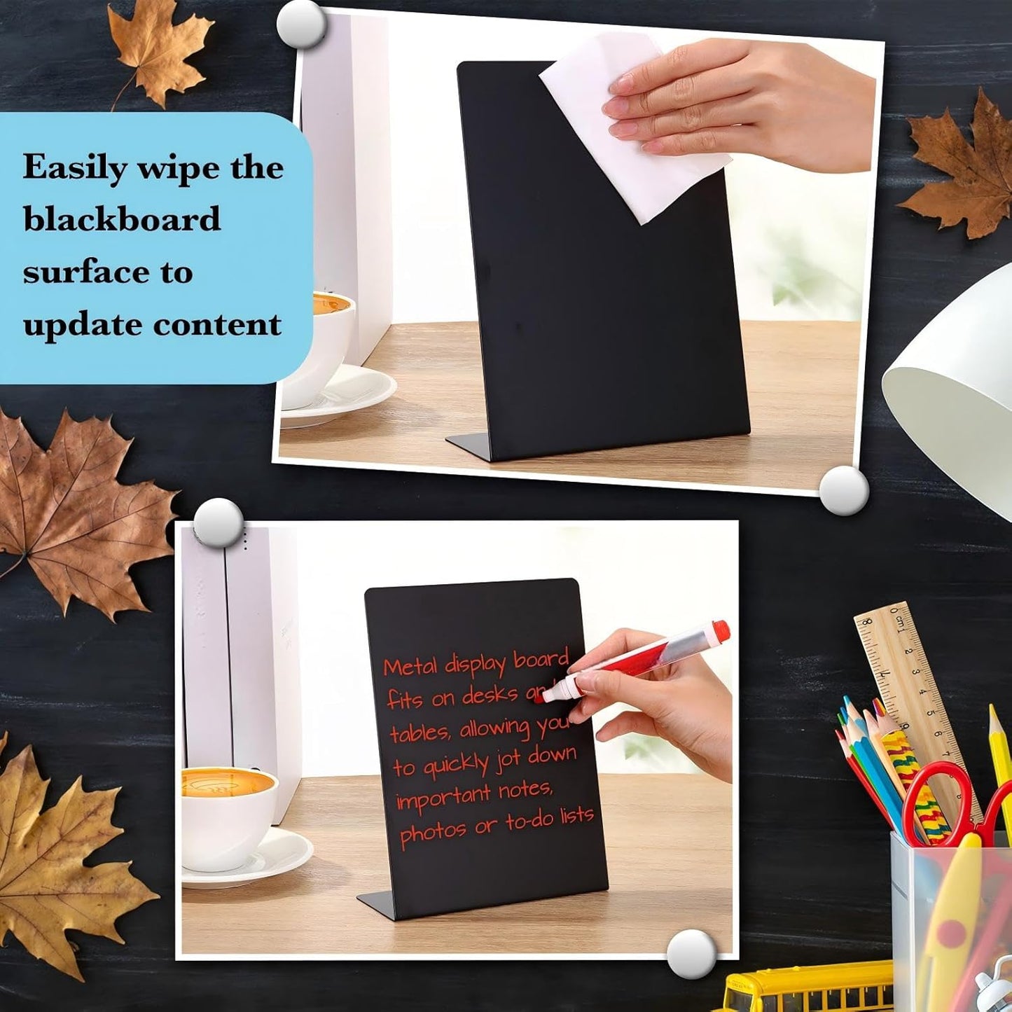 Fainne 2 Pcs Magnetic Bulletin Board with Easel Stand Mini Magnet Metal Tabletop Memo Display Board for Back to School Menu Table Office Supplies (Black,11 x 8.5 Inches)