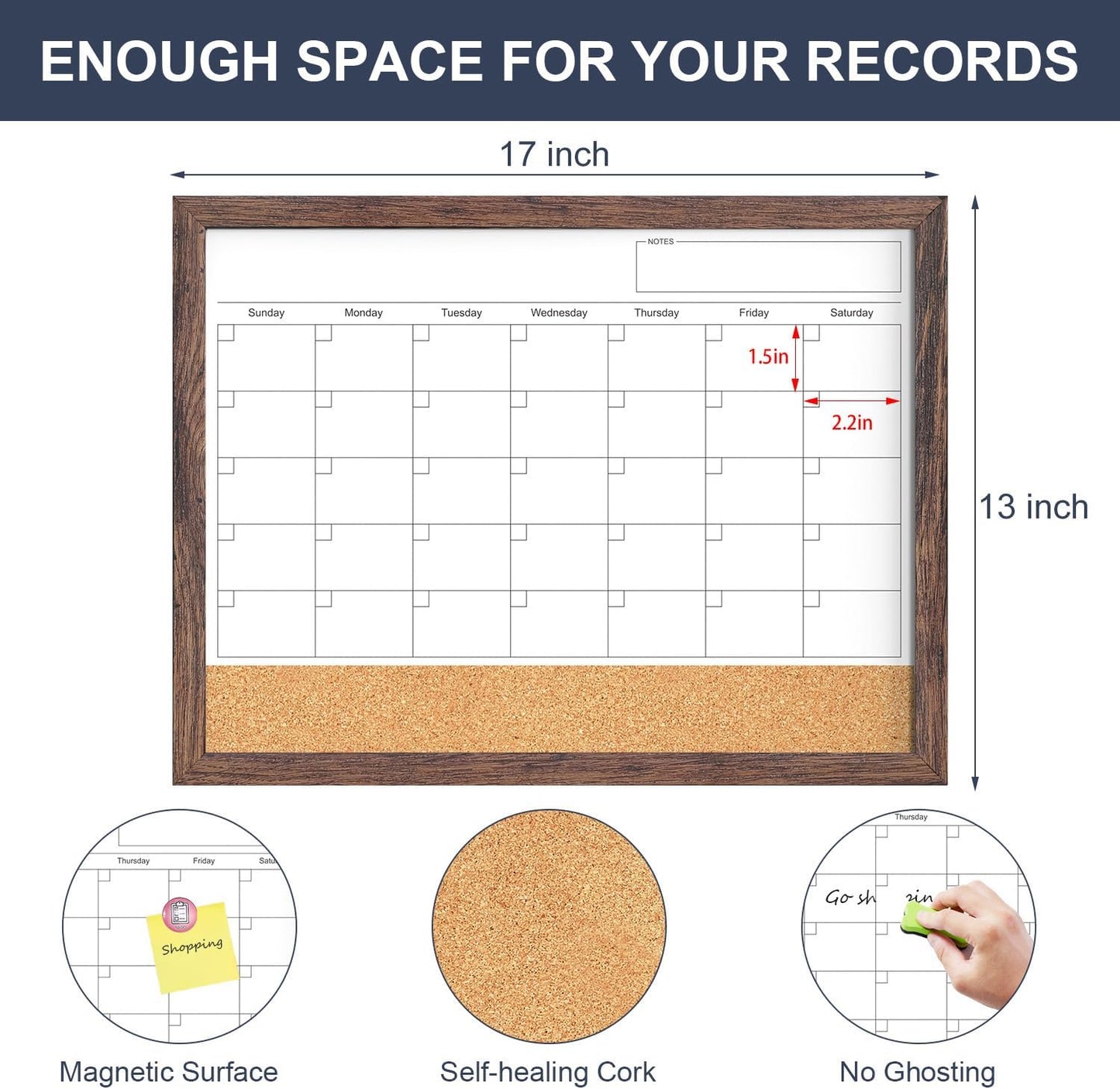 Calendar Whiteboard for Wall, TANKEE 17x13 Inches Whiteboard Calendar Cork Board Combo, Small Magnetic White Board with Wood Framed, Hanging Dry Erase Board for Kitchen Home Office School Planner