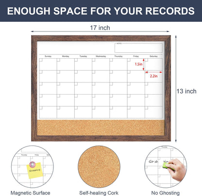 Calendar Whiteboard for Wall, TANKEE 17x13 Inches Whiteboard Calendar Cork Board Combo, Small Magnetic White Board with Wood Framed, Hanging Dry Erase Board for Kitchen Home Office School Planner