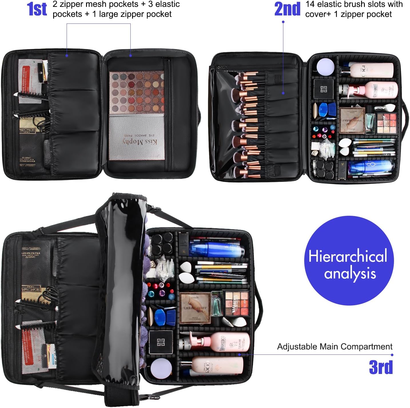 Relavel Makeup Case Large Makeup Bag Professional Train Case 16.5 inches Travel Cosmetic Organizer Brush Holder Waterproof Makeup Artist Storage Box, 3 Layer Large Capacity, with Adjustable Strap