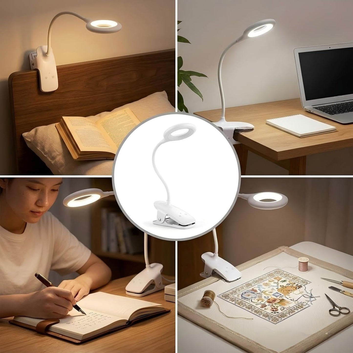 LACOKI Clip on Rechargeable Reading Light for Bed, 3 Color x 3 Brightness 28 LEDs Desk Light, Eye-Caring Desk Lamp with Clamp for Headboard, Table, Desk