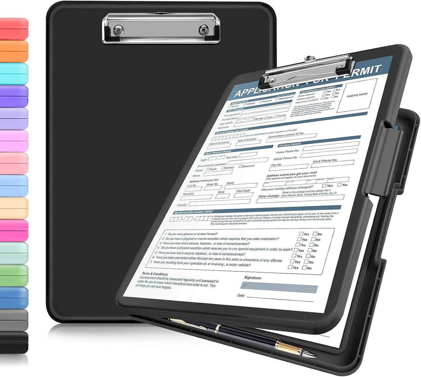 ANZNKU Clipboards with Storage, 13x9.6 Heavy Duty Nursing Clipboard Foldable, Plastic Storage Clipboard with Pen Holder, Cute Clip Board Folder for Teacher Nurse Work, School & Office Supplies(Black)
