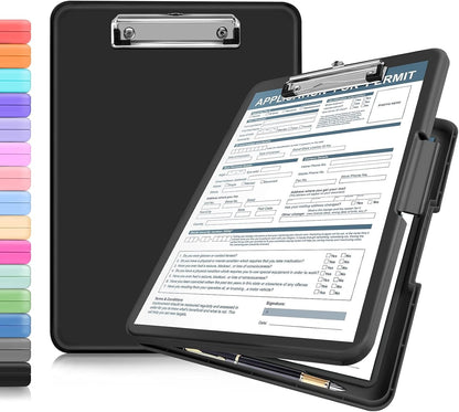 ANZNKU Clipboards with Storage, 13x9.6 Heavy Duty Nursing Clipboard Foldable, Plastic Storage Clipboard with Pen Holder, Cute Clip Board Folder for Teacher Nurse Work, School & Office Supplies(Black)