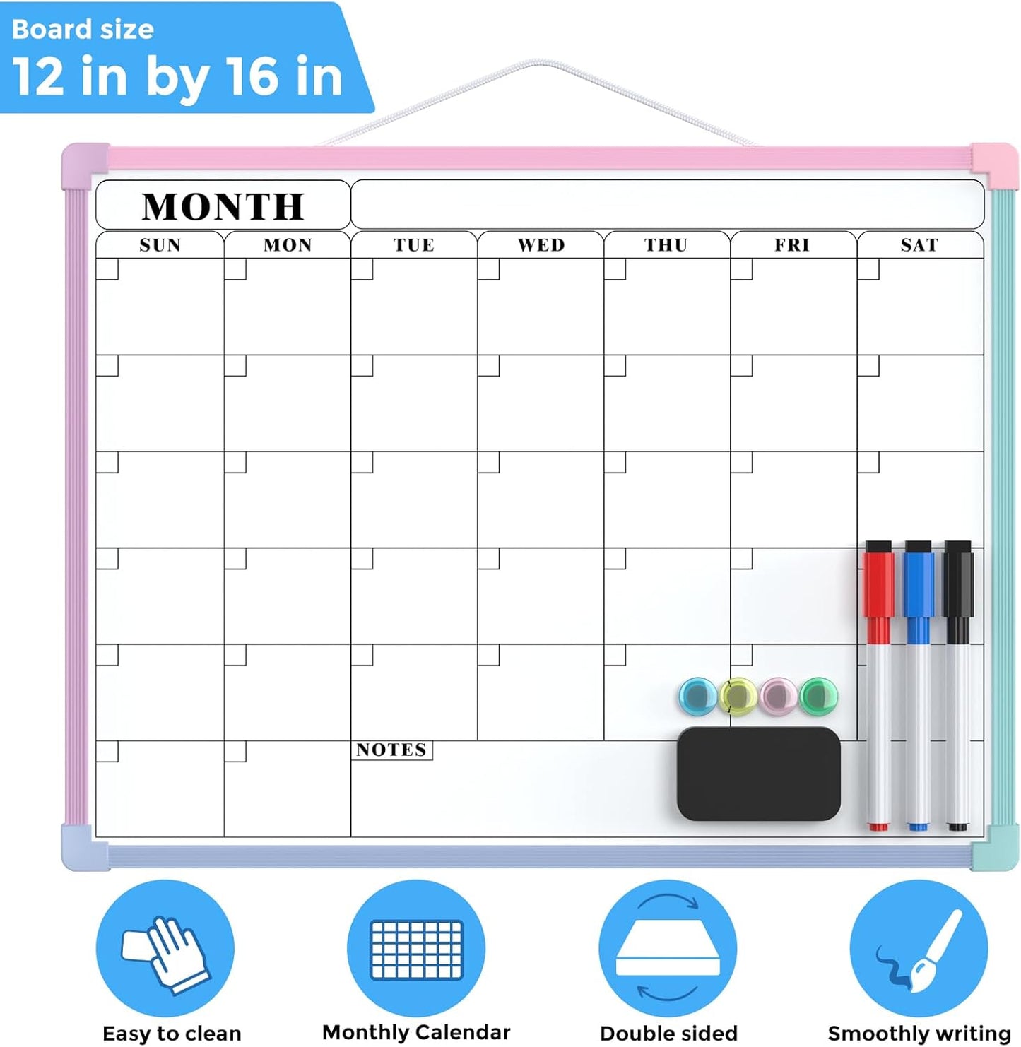 MaxGear Monthly Calendar Dry Erase Board for Wall, 16"x12" Small Hanging Double-Sided White Board, Portable Whiteboard for Planning, Drawing, Memo, to Do List, School, Home, Kitchen, Office