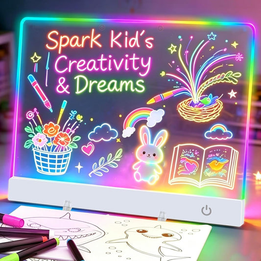 LED Drawing Board for Kids 16-Inch Rechargeable, 9-Color Light Modes, Neon Art Dry Erase Light Up Doodle Glow Pad with Stand, Sketching Birthday Gift Toy for Kids/Girls/Teens, 7 Markers Tracing Book
