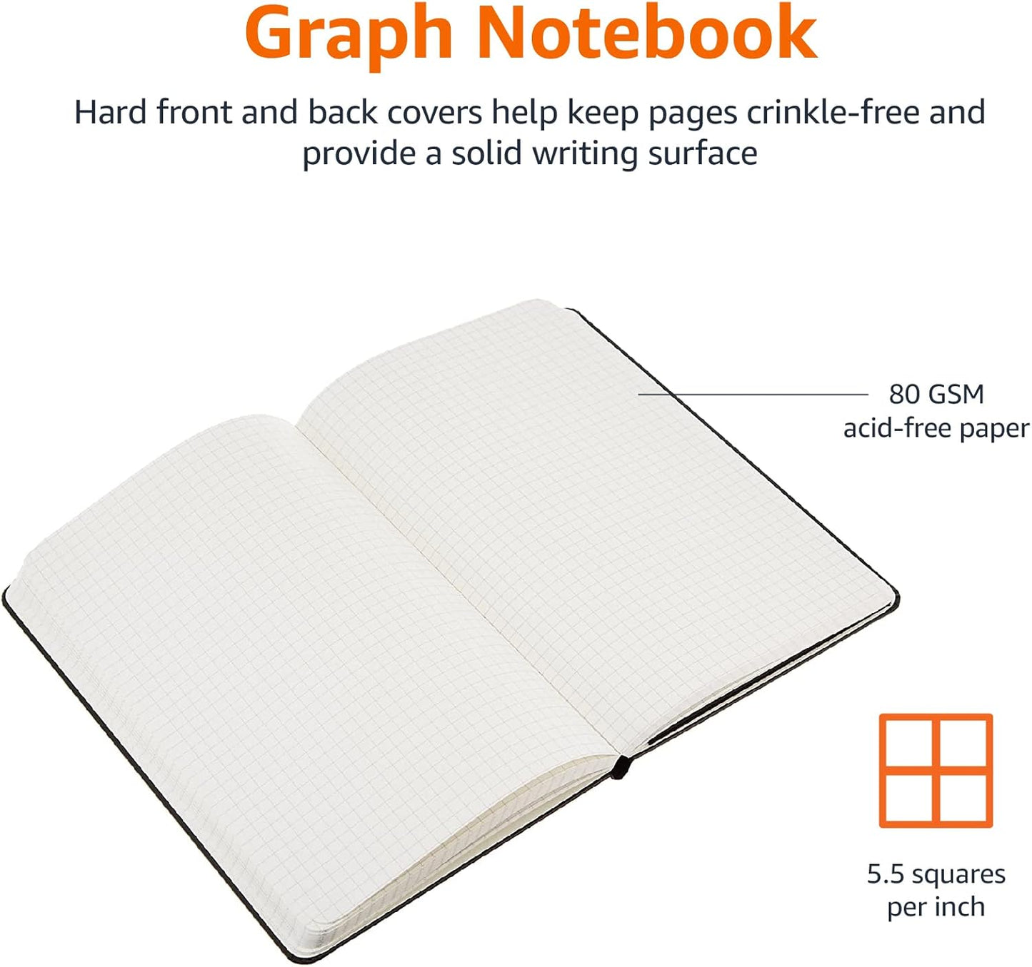 Amazon Basics Classic Grid Notebook for Writing and Note Taking, Hardcover, Graph Ruled, 240 Pages, 5" x 8.25", Black