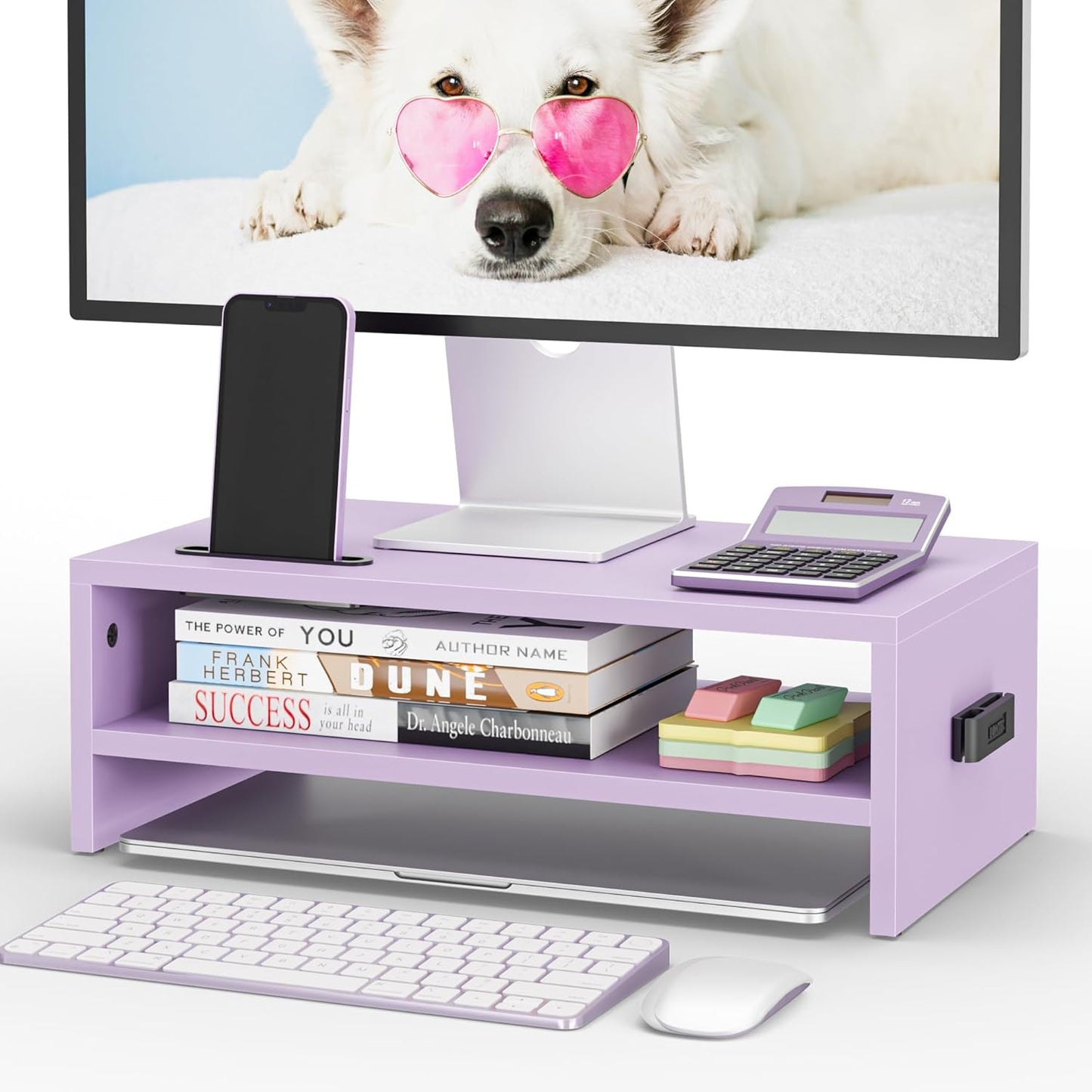 BONTEC Wooden Monitor Stand Riser for Desk, 2-Tier Computer Monitor Stand with Storage, 66 lbs Desk Shelf Organizer, Laptop & Printer Stand with Phone Holder and Cable Management, White, 16.5 Inch