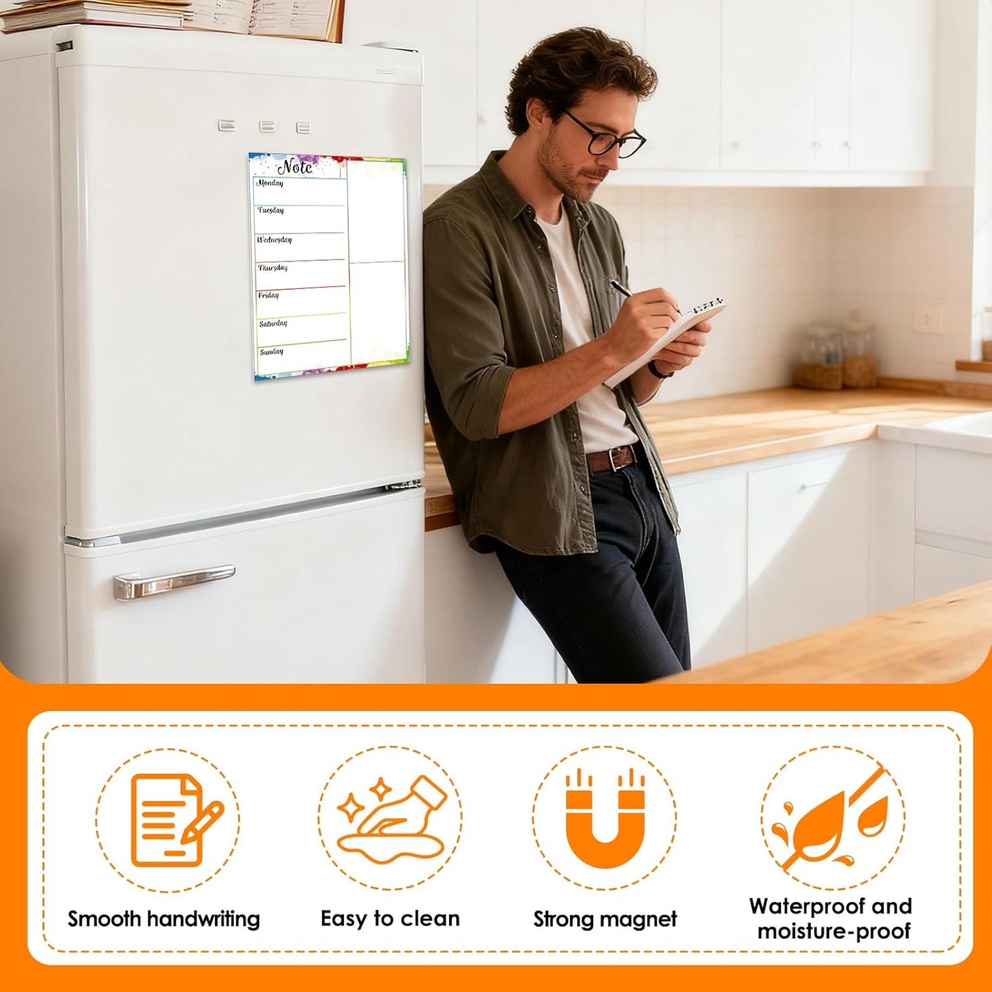 Magnetic Weekly Meal Planner for Refrigerator, 8x12'' Dry Erase Menu Board, Stain Resistant Whiteboard, Strong Magnetic Backing, Ideal for Families, Students, Roommates, Notes, Grocery Lists (A)