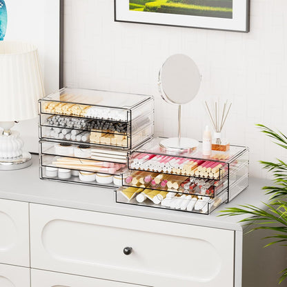 Yieach 9 Pack Small Acrylic Drawers With 18 Drawers,Clear Drawer Organizers Stackable,School,Office Supplies Organizer And Storage Bins for Stationery,Pen,Pencil,Craft,Glasses,Sunglass Organizer Case