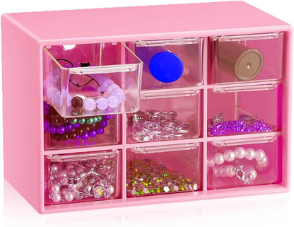 Small Drawer Organizer for Desk, 7.1" x 3. 8" x 4.6" Mini Desktop Drawer Organizer with 9 Clear Drawers, Plastic Desktop Craft Storage Box for Desk Office School Home (White)