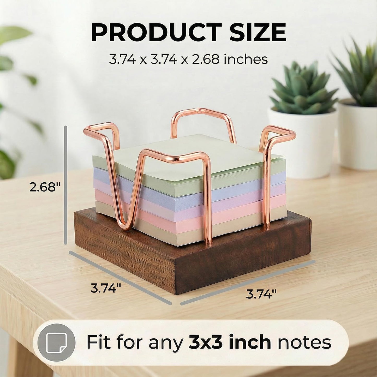 Wood Sticky Note Holder, 3 x 3 inch Self-Stick Note Memo Pad Holder for Desk, Notepad Dispenser for School Office, Gold