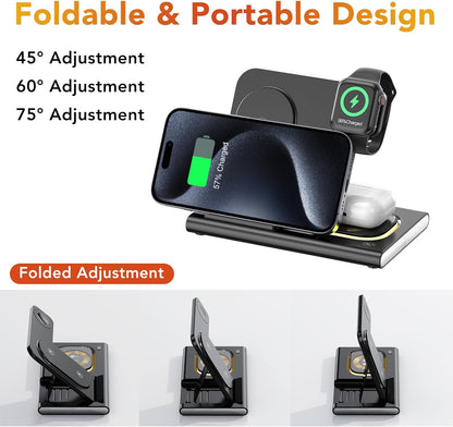 3 in 1 Foldable Charging Station for Apple Products,Wireless Charger for iPhone 17 16 15 14 13 12 Pro Max,Travel Dock Adapter&Light for iWatch Series 11 10 9 Ultra 3/2 SE 3/2,for AirPods 4 3 2 Pro 3/2