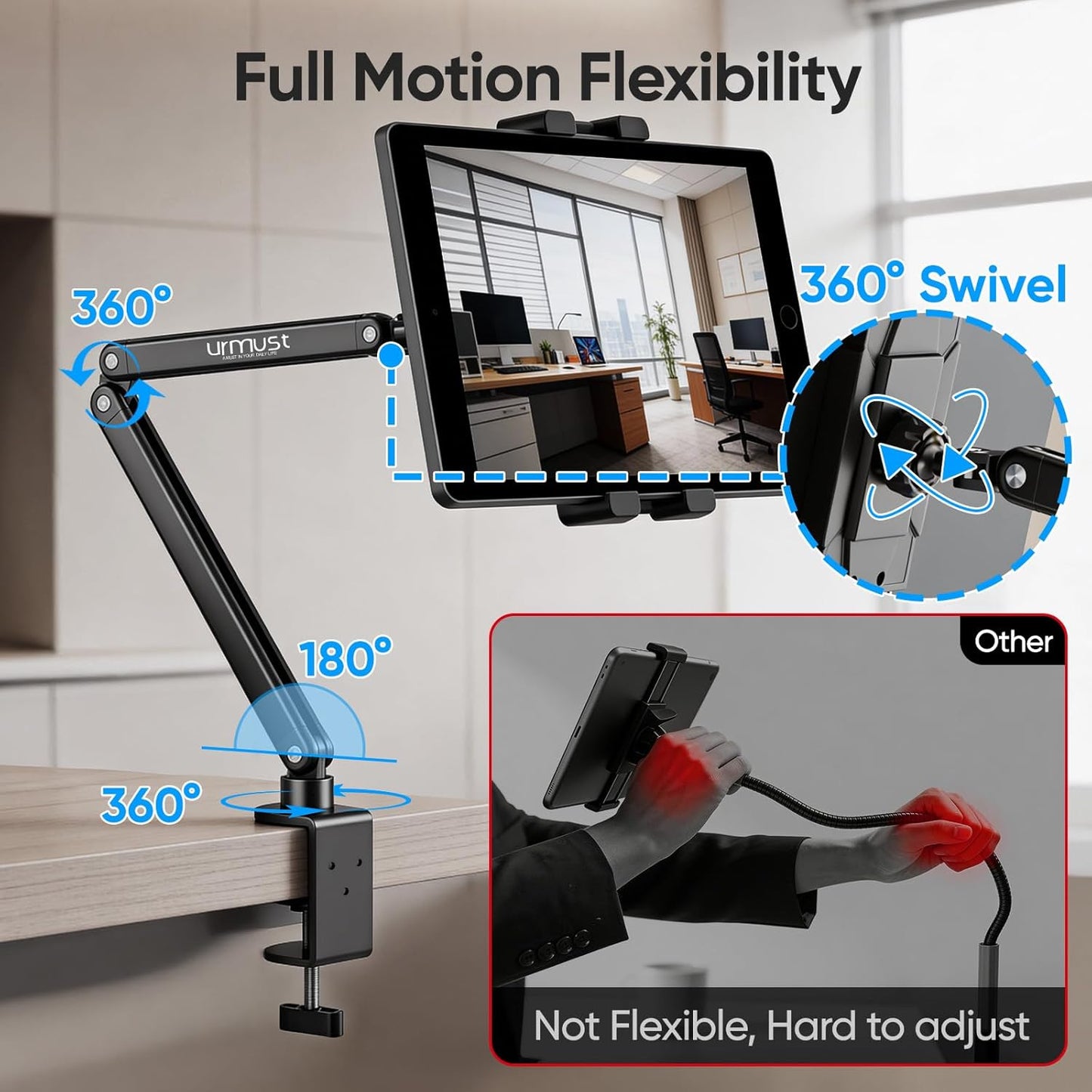 Urmust Tablet Stand for Desk, Adjustable iPad Holder for Bed, 360° Rotation, Sturdy Aluminum Tablet Arm Mount for 4.7"-15.6" iPad Pro/Air/Mini, iPhone, Galaxy Tab, for Kitchen, Work, Video Call