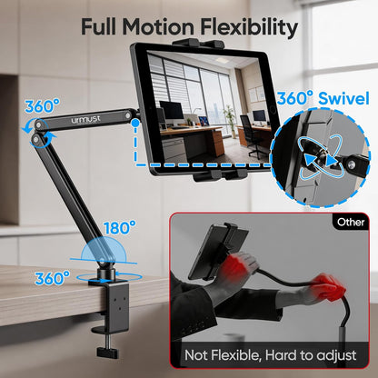 Urmust Tablet Stand for Desk, Adjustable iPad Holder for Bed, 360° Rotation, Sturdy Aluminum Tablet Arm Mount for 4.7"-15.6" iPad Pro/Air/Mini, iPhone, Galaxy Tab, for Kitchen, Work, Video Call