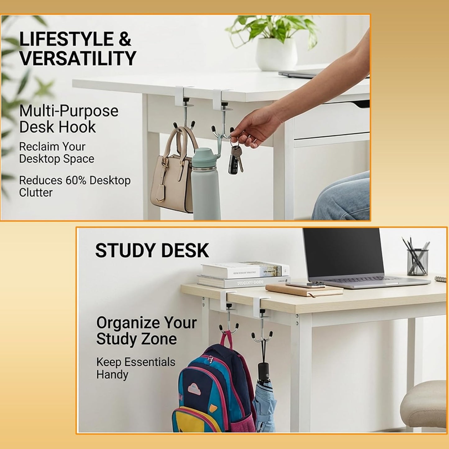 4 Pack Adjustable Under Desk Hooks (2 Black & 2 White), Universal Bag Hanger Fits Most Table Thickness, 100LB Capacity Heavy-Duty Dual Hook for Purse, Backpack, Office Home