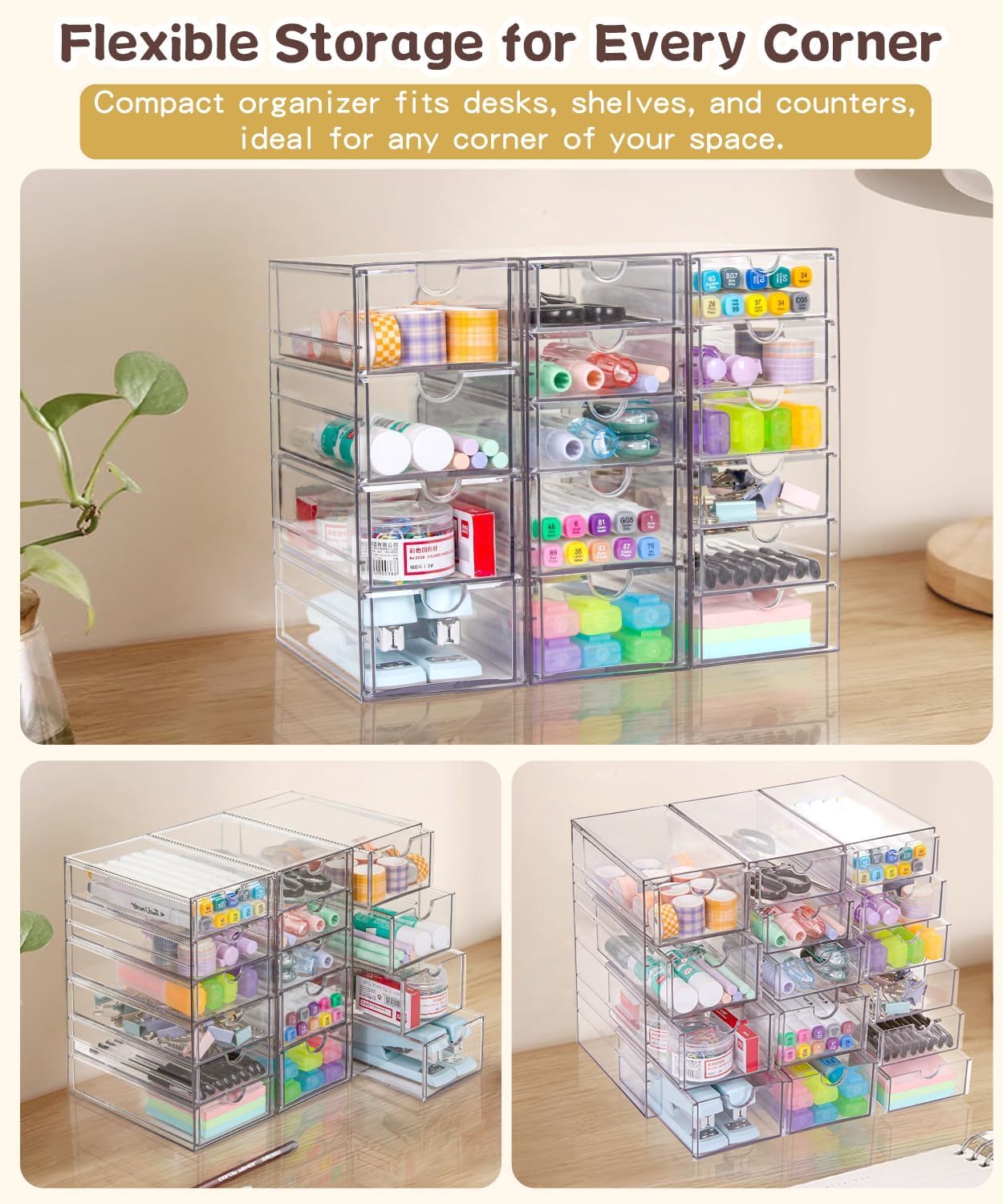 VZKAH Acrylic Organizer with Drawers | 20 Drawers 4 Sets | Desk Organizer and Storage, Clear Makeup Organization, For Office/Art Supply/Craft Storage and Organization