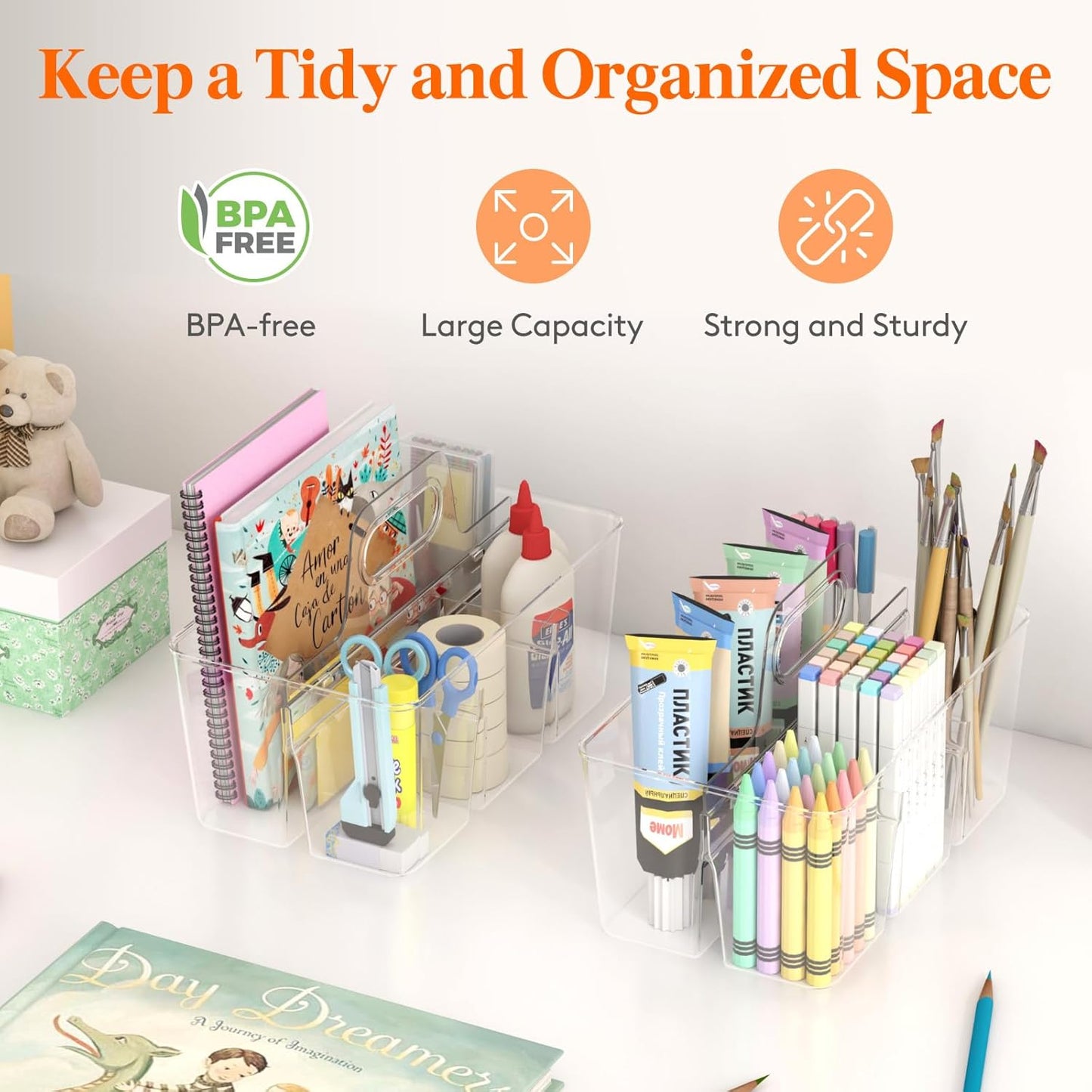 Lifewit 2 Pcs Plastic Caddy Organizer with Handle, Portable Art Supply Storage for Craft Supplies, Cosmetics, Holds Pencil, Crayon, Brushes, Hair Product, Dorm Shower Caddy, Clear, 25 x 15x 17cm