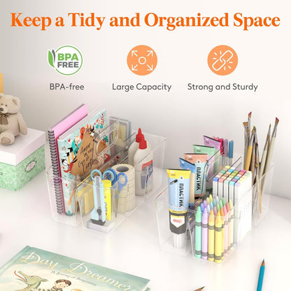 Lifewit 2 Pcs Plastic Caddy Organizer with Handle, Portable Art Supply Storage for Craft Supplies, Cosmetics, Holds Pencil, Crayon, Brushes, Hair Product, Dorm Shower Caddy, Clear, 25 x 15x 17cm