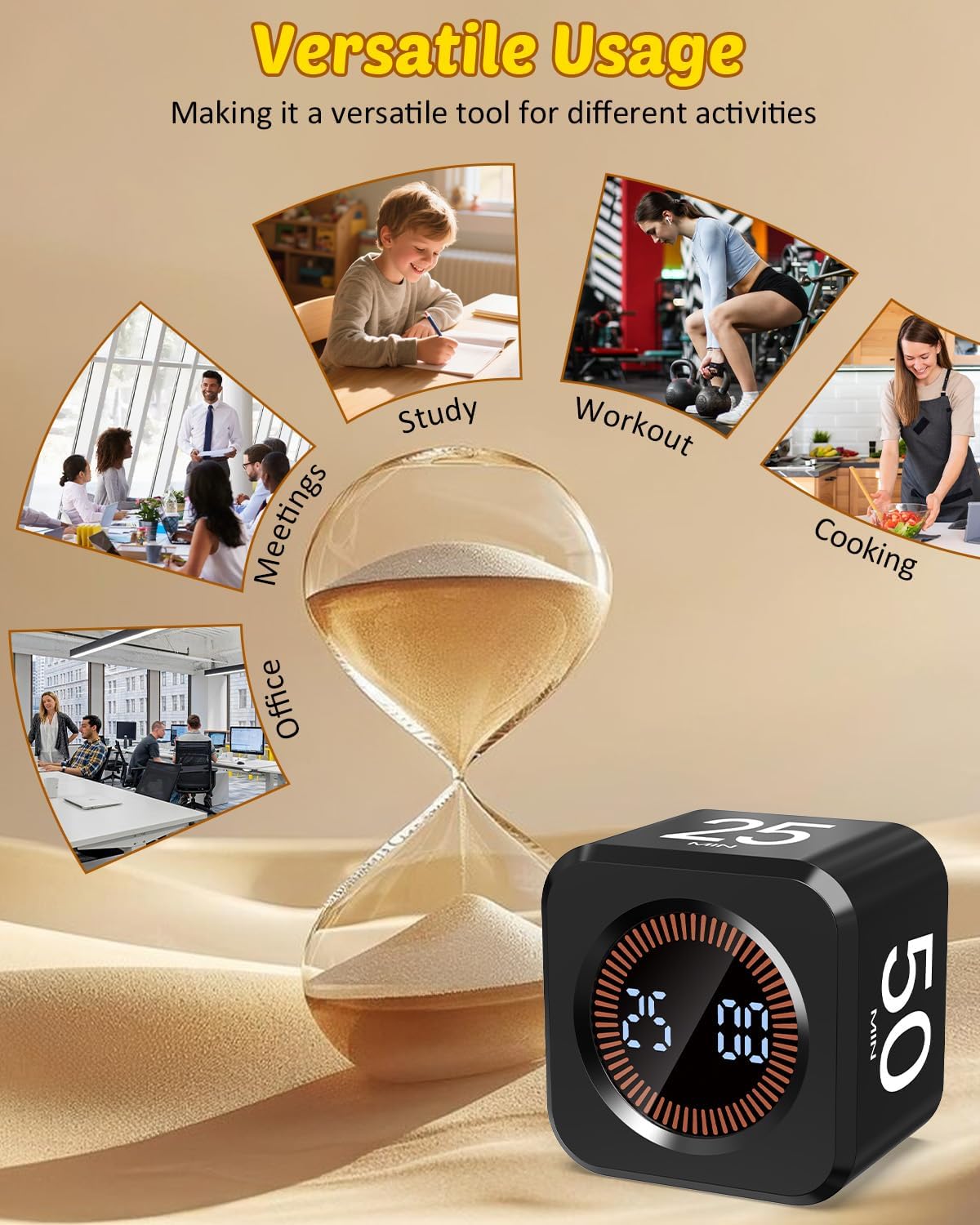 Digital Pomodoro Timer Cube 5/10/25/50min, Visual Productivity Flip Timer for Kids Classroom Desk, Custom Countdown, Silent and Sound Mode for ADHD Study Work Game Kitchen (Pink)